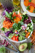 A close-up of a high protein grain and legume salad